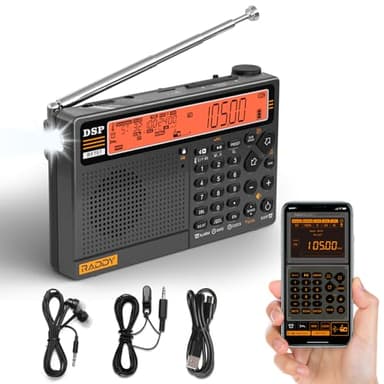 Raddy RF757 App Control Radio de Onda Corta, Radio Portátil con Recepción Am/FM/SW/VHF/UHF/CB/Air, Batería 2500mAh, 1000 Presets, Auriculares, Antena con Cable, Alarma SOS para Emergencias