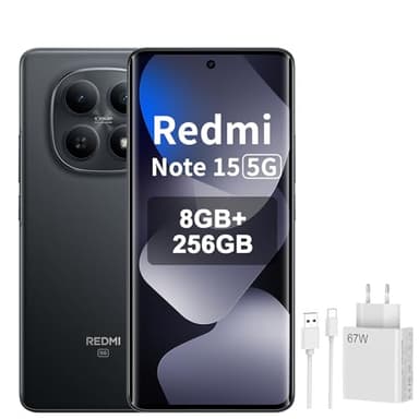 XIAOMI REDMI Note 15 5G - Smartphone de 8+256GB, Pantalla AMOLED FHD+ de 6,77", Snapdragon 6 Gen 3, cámara de 108 MP, batería de 5520 mAh, Negro, Included 67W Charger
