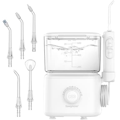 Sawgmore - Irrigador dental eléctrico con 10 niveles de presión ajustables, 600 ml de capacidad, irrigador oral con 5 boquillas multifuncionales para el hogar (blanco)