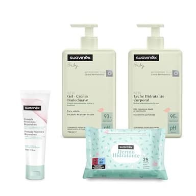 Suavinex, Pack Cosmética Gran Formato. Incluye: Gel-Champú Suave 750 ml + Leche Hidratante 750 ml + Pomada Pañal 50 ml + Pack Toallitas 25 uds. Pack Bebé Recién Nacido, 4 productos