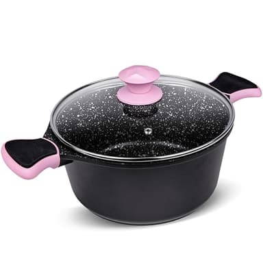 La Moustache - Cacerola Alta 28 cm, Aluminio Fundido con Antiadherente y Antirayaduras para Todas las Cocinas, Incluida Inducción, Sin PFOA, Tapa de Cristal, Asas de Silicona (Negro/Rosa)