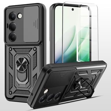 Funda para Xiaomi Redmi 15（4G/5G）,Carcasa Armor Cubierta de cámara Deslizante Proteger con 1× Cristal Templado, Cover con 360 Grados Magnetic Anillo Hard PC y Silicona Bumper antigolpes Case,Negro
