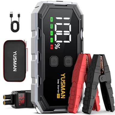 YUSMAN Arrancador de Coche, 6000A Arrancador de Baterias de Coche,12V Portátil Coche con para All Gasolina o 10L Diesel, Linterna LED de Emergencia,Carga Rápida, Pantalla LCD Extragrande