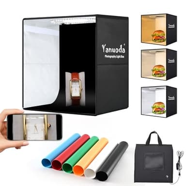 Yanuoda Kit Estudio Fotográfico Portátil 30x30 cm: Caja de luz fotografía 120 LED, 6 Fondos, Iluminación Ajustable (Blanco/Cálido/Frío) + Toma Cenital para Joyas, Productos, Fotos Profesionales
