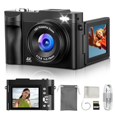 Camara de Fotos Digital 4K Profesional: Cámara Digital con Pantalla Abatible 180° - Camaras Compacta con 32GB Tarjeta - 16X Zoom Camara para Principiantes Niña Niños Chico