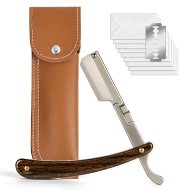 Beugo Navaja de Afeitar Hombre, Straight Edge Razor Barber, navaja de barbero, Cuchilla de Afeitar de Barbero Acero Inoxidable, Kit de Afeitado Clásico para Barba y Bigote con 10 Cuchillas y bolso PU