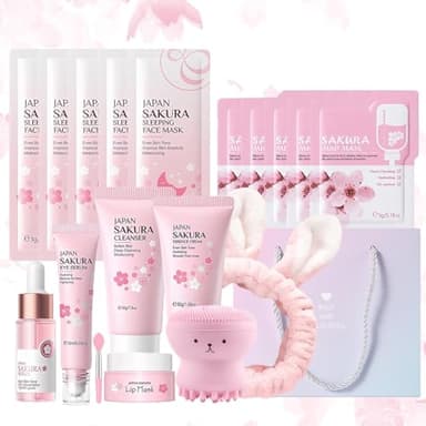 Set de Cuidado Facial Sakura 18 Piezas,Set de Cuidado Diario de la Piel con Limpiador,Crema facial,Esencia,Esencia ocular,Máscara para dormir,Mascarilla de barro Cepillo y Accesorios