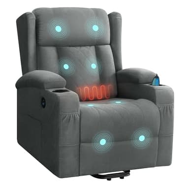 WOLTU Sillón Reclinable Eléctrico, Sillón Relax de Masaje con Ayuda para Levantarse, con Calefacción de Masaje, Reposapiés, Bolsillos, Portavasos, Puerto USB, Tela de Rizo, Gris, SKS61gr