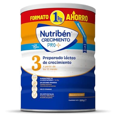 Nutribén Crecimiento Pro+ 3 - Leche en Polvo Bebé FORMATO AHORRO | Leche de Fórmula a partir de los 12 Meses | sin Aceite de Palma | con Cacito Dosificador Incluido | con 13 Vitaminas | 1 Bote de 1KG