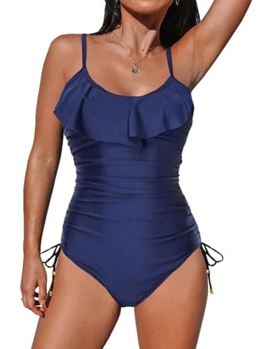 Trajes de Baño Mujer Volantes Ropa de Baño Mujer Fruncido Traje de Baño de Una Pieza Control de Barriga Monokini Verano Playa Bañador Entero(Azul Marino,M)