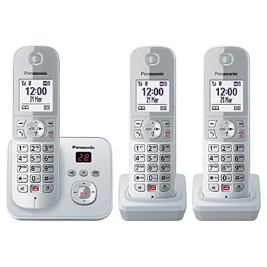 Panasonic KX-TG6863GS - Teléfono inalámbrico con 3 terminales y contestador automático (bloqueo de hasta 1.000 números de teléfono, tamaño de fuente claro, oyente fuerte, manos libres dúplex completo)