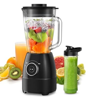 Batidora de Vaso, 1500W Batidora Smoothies, Vaso Batidora con Jarra de Vidrio 1,5L y Botella Tritan 600ml sin BPA, Velocidad Ajustable y Cuchillas de Acero Inoxidable, Licuadora para Zumos y Batidos