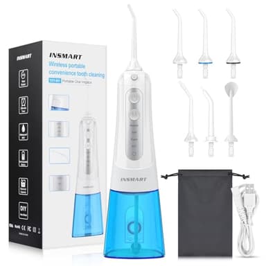 INSMART Irrigador Dental Portatil, 300ML Irrigador Bucal Inalámbrico Portatil Profesional Limpiar Dientes Con 6 Boquillas 4 Modos Para el Hogar y los Viajes, IPX7 Impermeable USB Recargable Para