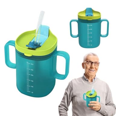 JurciCat 300ml Vaso Con Tapa Pajita Personas Mayores Vaso Disfagia Con Tapa Antiderrames Para Adultos Mayores Pacientes Discapacitado（Blue）