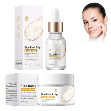 Hppsctink Extracto de arroz, 15ml Esencia Antiarrugas de Arroz y 50g Crema Facial de Arroz, Nutre y repara la barrera cutánea, Reduce la pigmentación,Hidratación profunda, cream