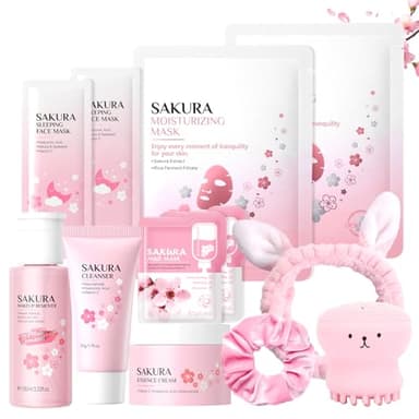 12 Piezas Set de Cuidado Facial Sakura, Set de Cuidado Diario de la Piel con Limpiador, Desmaquillante, Crema, Mascarilla Facial, Limpieza y cuidado facial, para Adolescentes y Mujeres