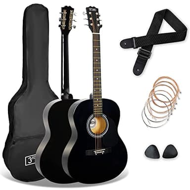 3rd Avenue Pack de guitarra acústica de tamaño estándar 4/4 con cuerdas de acero para principiantes de 3rd Avenue, funda de transporte, púas y cuerdas de repuesto, Negro