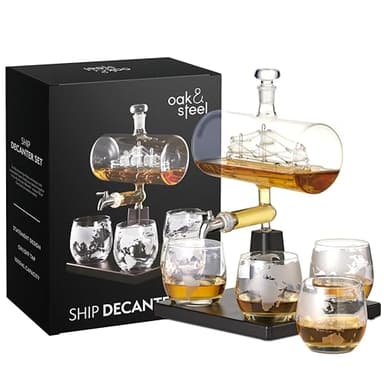 Oak & Steel - Juego Decantador De Whisky mas Set de 4 Vasos - Decantador Aireador para Bebidas Espirituosas Ideal para Ocasiones Especiales - Capacidad de 1000 ml