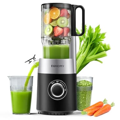 Euhomy Extractor De Zumos Y Verduras Prensado en Frio, Exprimidor de Frutas con Tolva de 135mm, Licuadora con Hoja de Acero Inoxidable, Fácil de Limpiar Extractor de Jugos y Verduras, 1.8L Negro