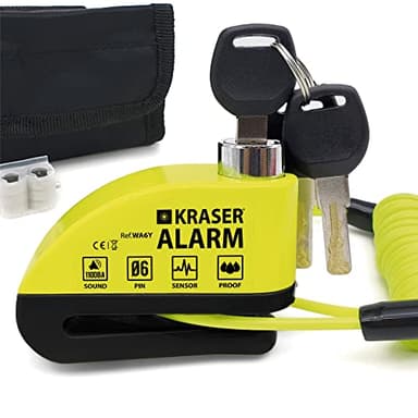 KRASER WA6Y Candado Moto con Alarma 110dB, Antirrobo Disco Reforzado, 3 Llaves (Otros 2) Alta Seguridad, Impermeable, Accesorios Cable Bolsa Pilas, Pinza Cepo Bloqueo 6mm Universal Scooter Bicicleta