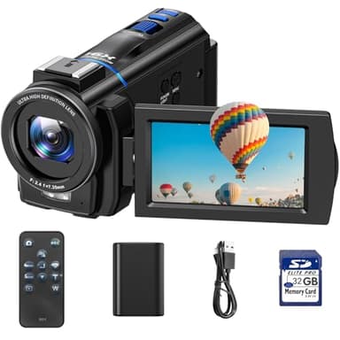 Cámara de vídeo 4K Videocamara con Zoom Digital 16X visión Nocturna, Webcam, Pantalla táctil giratoria de 3" y 270°, Camcorder Video Camera vlog con Tarjeta SD de 32 GB, Remoto, luz de Relleno