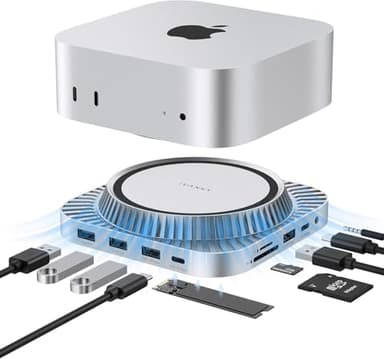 IVANKY 13-en-1 Estación de Acoplamiento para Mac Mini M4 & M4 Pro (2024) – Soporte con Carcasa SSD M.2 NVMe, Hub HDMI 4K@120Hz, 2×10 Gbps USB A/C, SD/TF, 2 Puertos Audio (Sliver, Velocidad elevada)