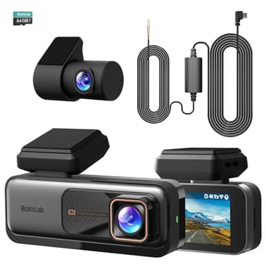 BOTSLAB 4K Dash CAM Delantera y Trasera, Visión Nocturna, Cámara Trasera Giratoria 360°, Gran Angular de 170°, GPS y Wi-Fi Integrados, Modo Aparcamiento 24/7, con Kit Hardwire y Tarjeta SD de 64 GB