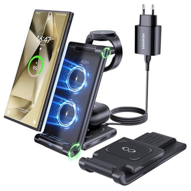 MANKIW Cargador Inalámbrico para Samsung, 3 En 1 Estación de Carga Inalámbrica, Base Cargador portátil para Galaxy S25 S24 S23 S22 Ultra Z Flip Fold 6/5/4/3Galaxy Watch 7/6/5/4/3Buds