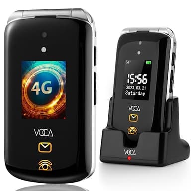 VOCA V543 Teléfono móvil de Tapa para Mayores, Botones y Teclas Grandes, Pantalla dual, 4G LTE, Volumen alto, Botón SOS | Compatibilidad con audífonos | Base de carga | Texto predictivo (Negro)