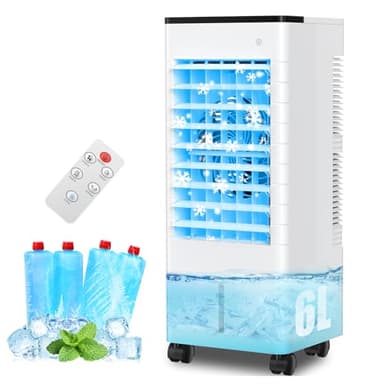 Aire Acondicionado Portatil Silencioso, 3 en 1 Enfriador de Aire Evaporativo Sin Tubo Exterior, 6L Tanque Agua, 3 Velocidades Viento, Temporizador 1-15H, Control Remoto 8M, Oscilación, Hogar Oficin