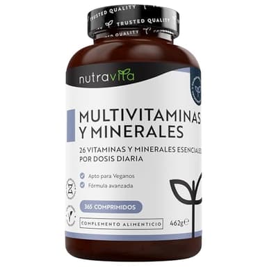 Nutravita Multivitaminas y Minerales- 365 Comprimidos Veganos - Complejo Vitamínico de 26 Activos Esenciales Vitamina C, D3, A, B, E y Minerales Yodo, Selenio, Calcio, Hierro, Zinc - Multivitamínico