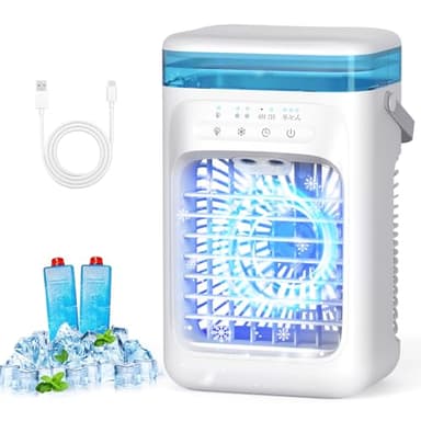 Mini Aire Acondicionado Portatil con 1000ml Tanque, 5 en 1 Enfriador de Aire Silencioso, 3 Velocidades/2 Modos Pulverización/Humidificación/7 LED/2/4H Temporización, Ventilador Enfriador Hogar Oficina