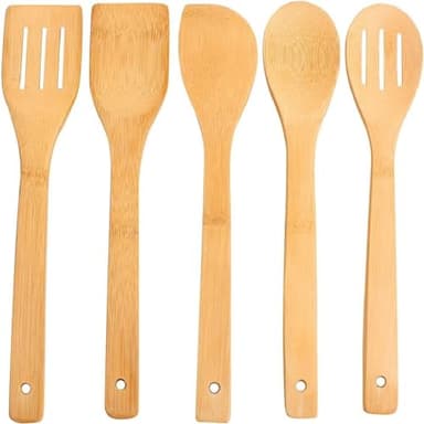 hollylife Utensilios de Cocina 5 Piezas Moderna, Sólidas Espátula Cuchara de Bambú Puro Madera Natural, sin Barnizada
