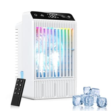 Aire Acondicionado Portatil con Pantalla, Climatizador Evaporativo 4 EN1 De 1000 Ml Tanque, con Mando, Mini Enfriador de Aire con Doble PulverizacióN y Luz de 7 Colores, Temporizadores de 2-12 H