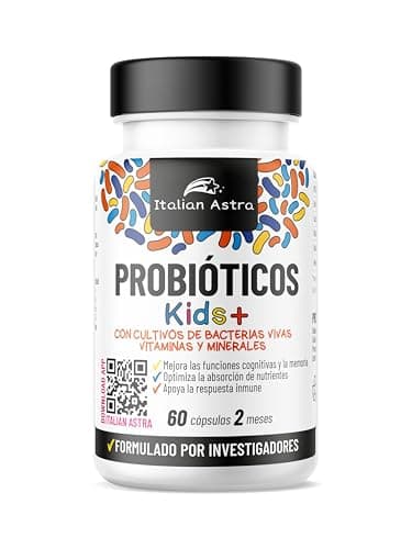 Italian Astra Probioticos Niños Suplemento Para Flora Intestinal 60 Cápsulas, Probioticos y Prebioticos Intestinales Para Incremento Apetito Niños y Funciones Cognitivas, Bienestar Digestivo