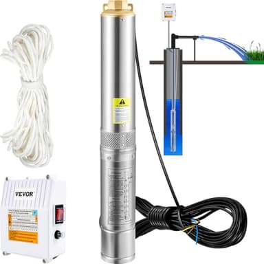 VEVOR Bomba de Agua Sumergible para Pozos Profundos, Motor de 1100W, 230V, 50Hz, Flujo Máximo de 190 L/min, con Caja de Control Externa para Tierras de Cultivo Minas