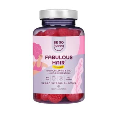 Gominolas para el pelo Biotina 6000 mcg, Vitaminas para el Cabello, 60 dias, Complejo con +10 componentes: Ac Folico + Vitamina A, B6, B12, C, D, E, Zinco y Selenio, Sabor a Fresa, Veganas, BeSoHappy®