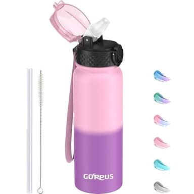 GOPPUS Botella de Agua de Acero Inoxidable de 600ml/20oz con Pajita, Botella Deportiva Aislada de Metal Abatibles de Doble pared, Termo Frío a Prueba de Fugas para Deportes de Gimnasio