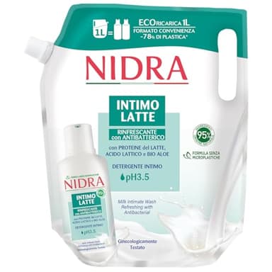 NIDRA | Eco-recarga de limpiador íntimo refrescante con antibacteriano, con proteínas de la leche, formato ahorro, ginecológicamente testado, Made in Italy, 1000 ml