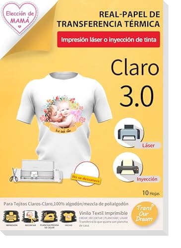 TransOurDream-Papel de Transferencia Para Tejido Claro,Nueva versión mejorada 3.0(A4X10 Hojas),Papel Transfer Apto Tinta o Láser, vinilo HTV,Transfer paper Perfecto para Fiesta.ES-03-10