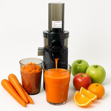 JuiceInstant - Extractor de zumos compacto para frutas y verduras, prensado en frío, exprimidor eléctrico sin BPA, con tamiz, antigoteo, licuadora lenta que conserva vitaminas (Negro)