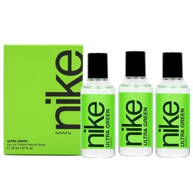 NIKE - Ultra Green Pack de 3 x 30 ml, Colonia Hombre, Formato Viaje en Spray, Perfume Hombre, Eau de Toilette Natural y Masculina. Aroma Amaderado Oriental, Fragancia Fresca, Poderosa y Duradera