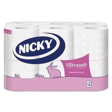 Nicky Ultrasoft Papel Higiénico - Paquete de 12 Rollos, 140 Hojas de 2 Capas, Delicado Aroma a Talco, Dermatológicamente Testado, Embalaje Reciclable, Celulosa 100% Pura