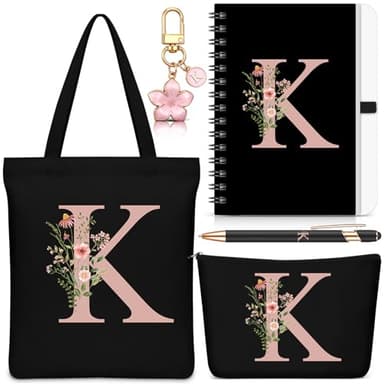 Hestya 5 Piezas Regalo con Letras Neceser con Llavero, Libreta, Bolígrafo Regalo con Letras para el Colegio, Cumpleaños, Navidad(Letra K)
