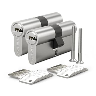 Bwintech 2 pieza 30/30mm Euro Latón Cilindro, cerradura de llave/cilindro de 60mm con 10 llaves horizontales de latón, antirrobo, antiperforación, antigolpes, níquel satinado