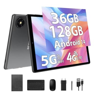 BEYNIVAN Tablet 10 Pulgadas Android 14 Tableta con Tarjeta sim,con 4G LTE y 5G WiFi,36GB RAM+128GB ROM,FHD1920 * 1200 incell,8000mAh,13+8MP,GPS,Face ID,USB-C,Tablet con Teclado + Ratón + Funda,Nero