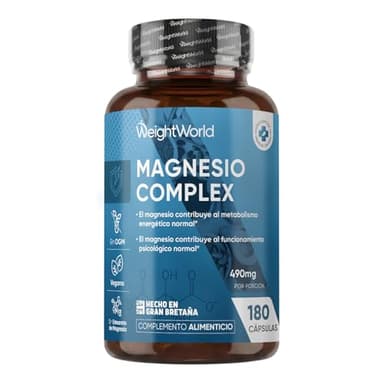 Magnesio Complex 490mg, 180 Cápsulas, 3 Meses de Suministro - Con Citrato, Bisglicinato, Malato y Taurato de Magnesio, L-Leucina, 2 Cápsulas al Día, Apto para Veganos, Sin Gluten ni OGM