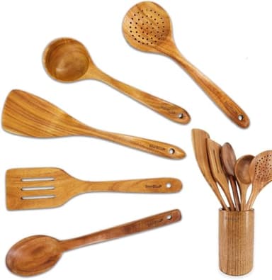 Starblue - Juego De 6 Utensilios De Cocina De Madera De Acacia, Espátulas Duraderas Y Antiarañazos Para Utensilios De Cocina Antiadherentes, Respetuosas Con El Medio Ambiente Y Ergonómicas