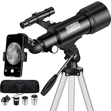 Mijiao Telescopio Astronómico Adultos, 70/400mm Telescopio Refractor para Niños y Principiantes, Profesional Telescopios Astronomía para Observación Luna con Trípode, Adaptador de Teléfono (Negro)