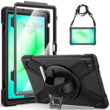 Gerutek Funda Anticaída para Samsung Galaxy Tab A11+/A11 Plus 11" 2025, SM-X230/X235/X236B, Funda Resistente con Protector de Pantalla, Soporte 360° Giratorio, Bolígrafo, Correa de Mano/Hombro, Negro